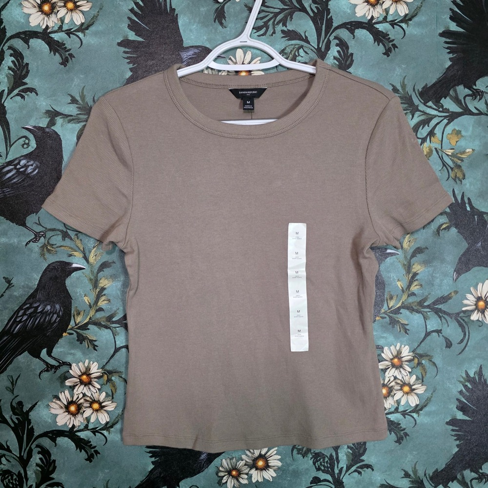 Banana Republic Ribbed Tee Taupe Brown Short Sleeve Crew Neck Minimalist Top NWT
